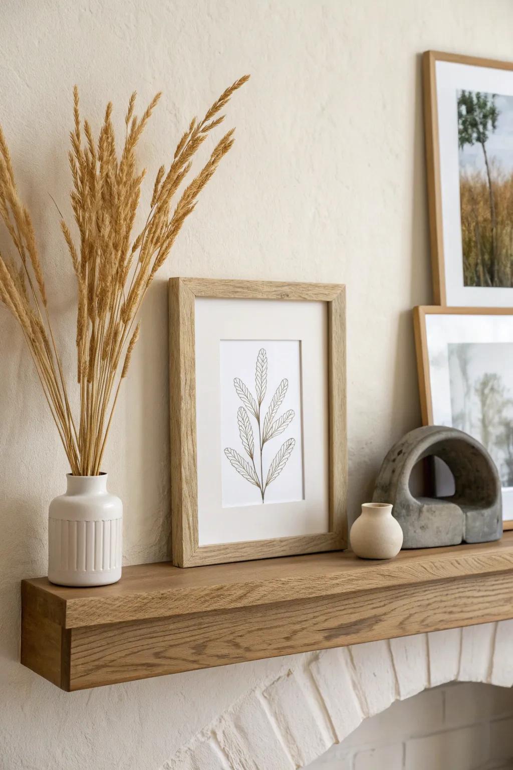Create a tiny seasonal micro-scene on your picture ledge—print, dried stems, sculptural accent.