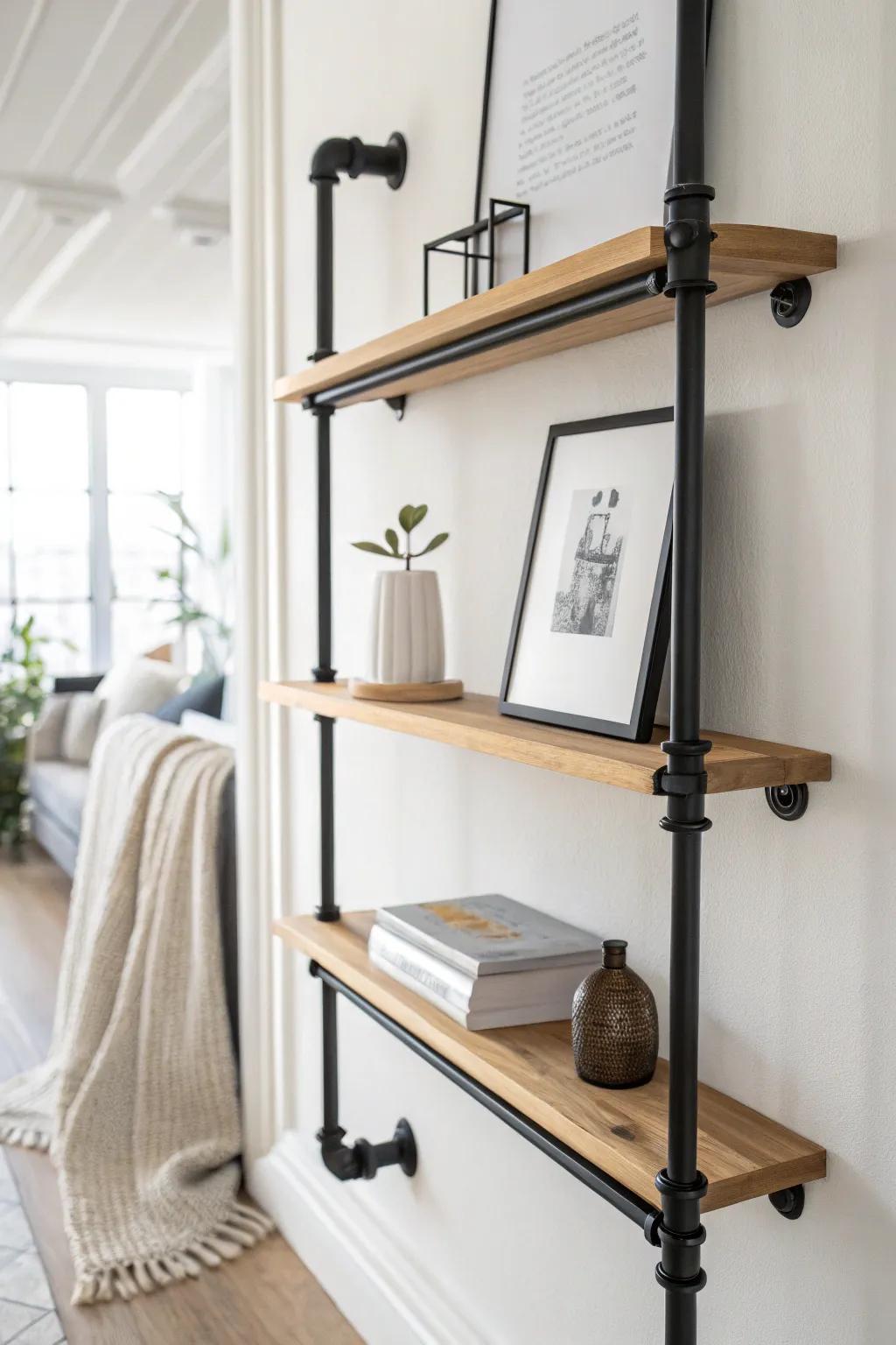 Ultra-slim pipe picture ledge: swap frames anytime with sleek black iron + warm oak.