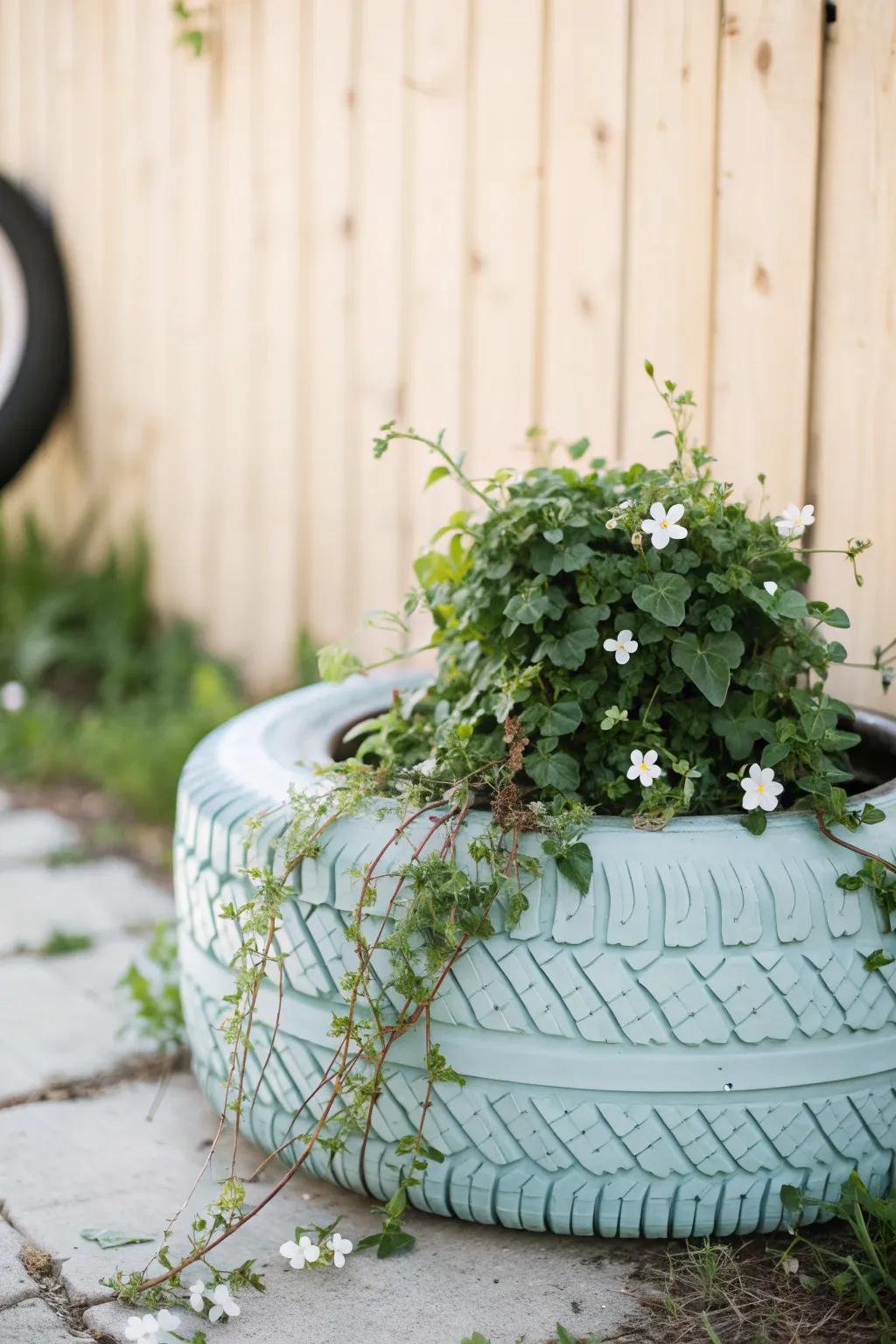 Breathe new life into your garden with a beautifully painted tire planter — where sustainability meets Scandinavian elegance.