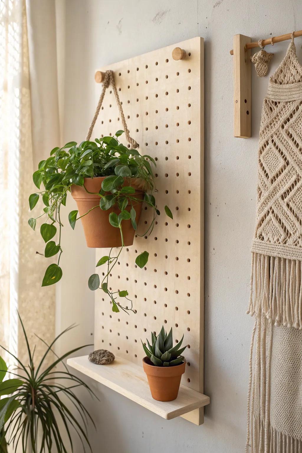 A movable pegboard plant wall keeps small spaces calm—swap hooks and shelves as plants grow.