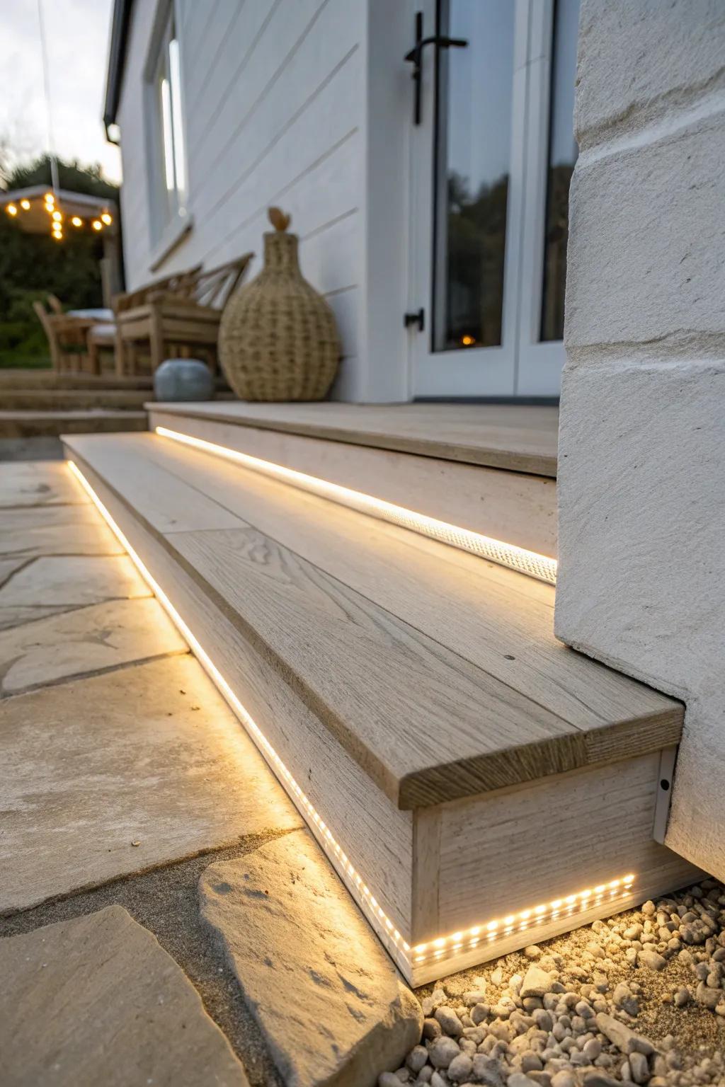 A discreet toe-kick LED under the porch edge creates a floating glow and safer nights.
