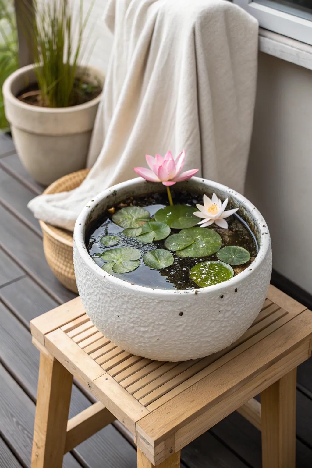 A mini pond-in-a-pot that brings calm sparkle to your balcony—small space, big wow.
