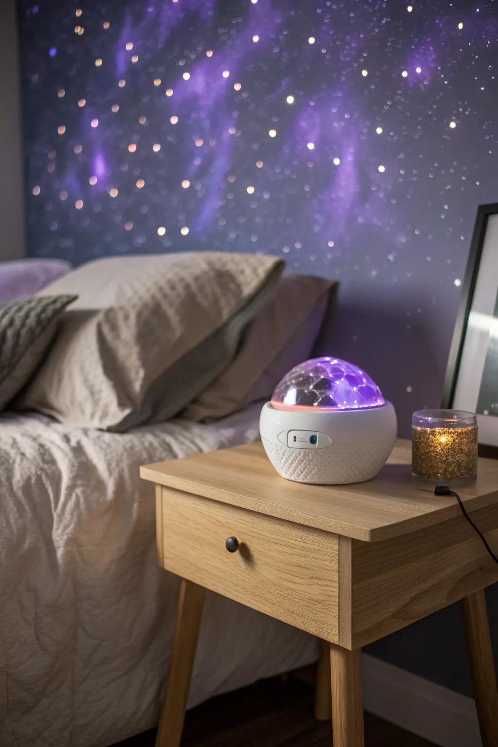 Turn your ceiling into a purple galaxy—one tiny projector for an instant dorm escape.