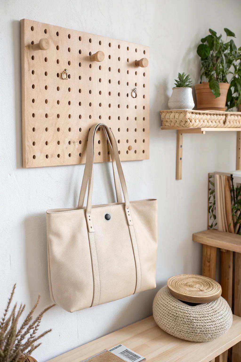 Custom pegboard purse wall—move hooks anytime for totes and crossbodies, beautifully organized.