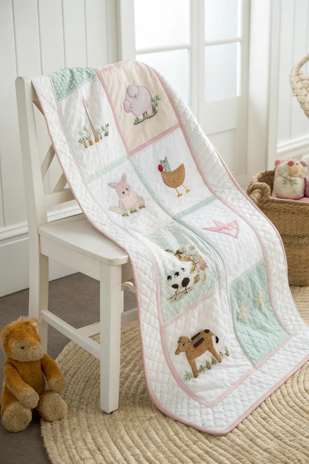 Bring the countryside indoors with this charming farmyard quilt, perfect for playful adventures and cozy cuddles.
