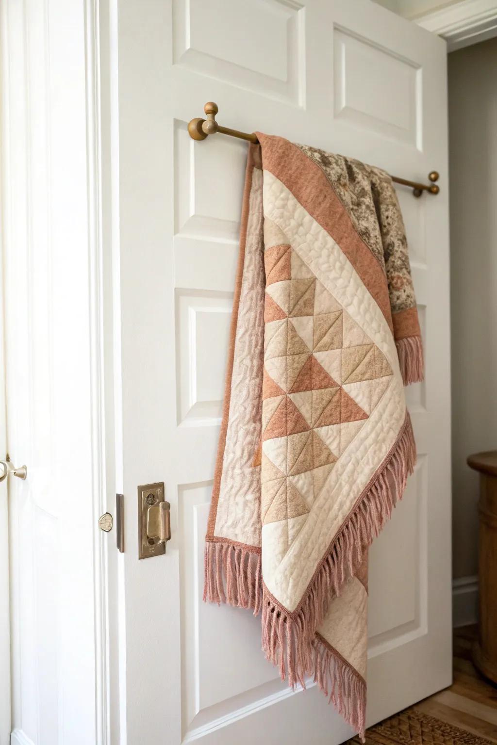 Turn a spare door into airy quilt storage with a minimalist over‑the‑door bar.