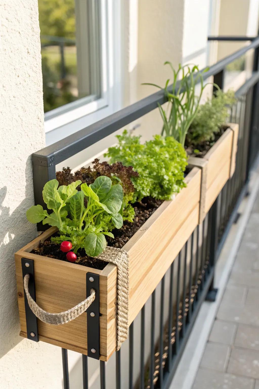 Mini salad rail: crisp greens and rosy radishes in a sleek planter—balcony harvest bliss.