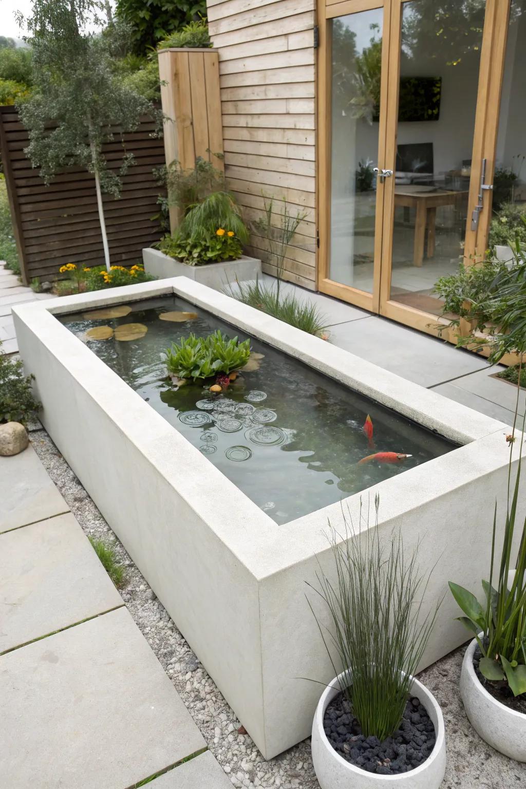 Raised pond with a glass viewing window—small garden, big wow moment and soothing fish views.