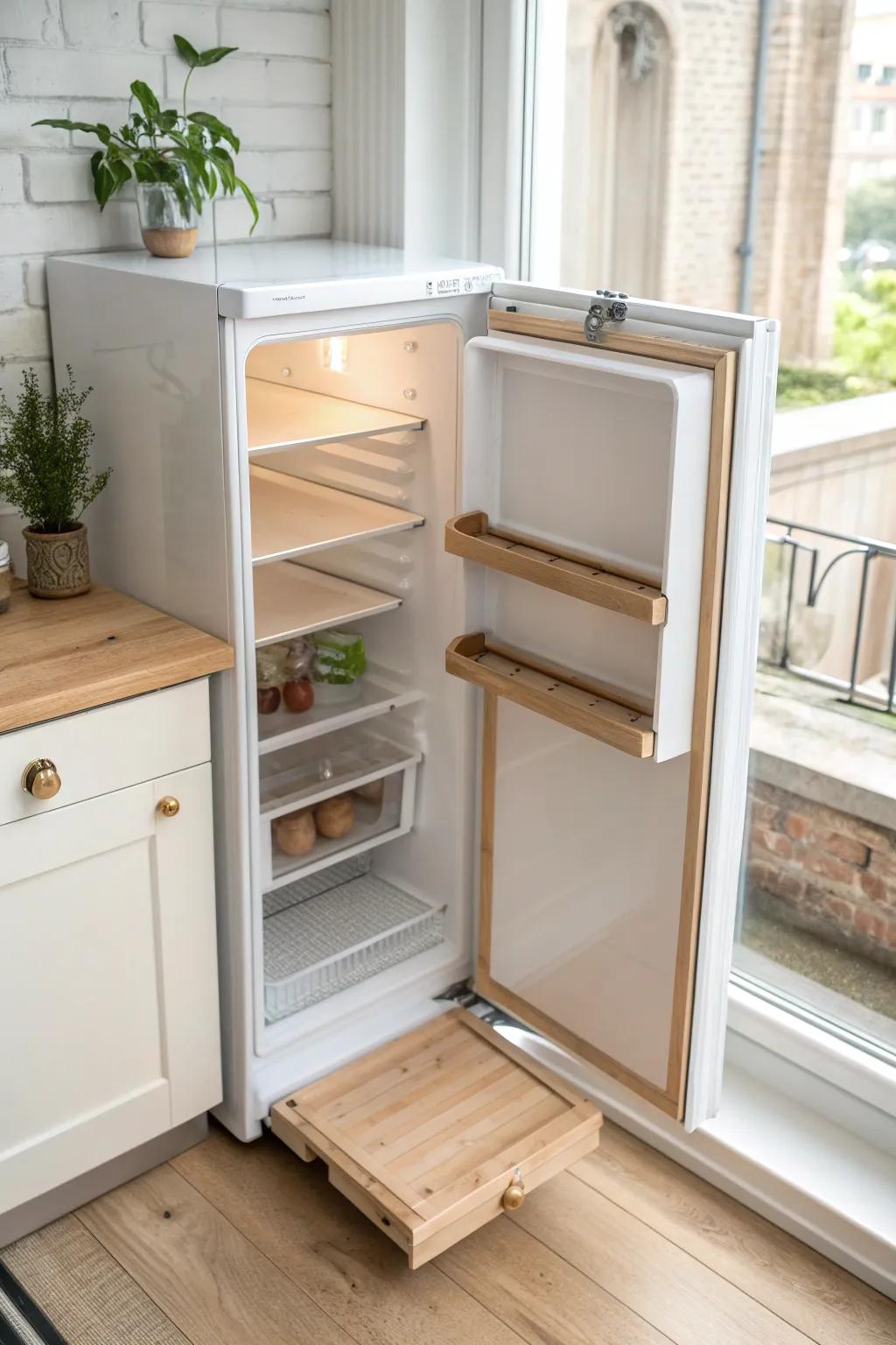 A fold-down landing shelf on the fridge side: the prettiest drop zone for tiny kitchens.