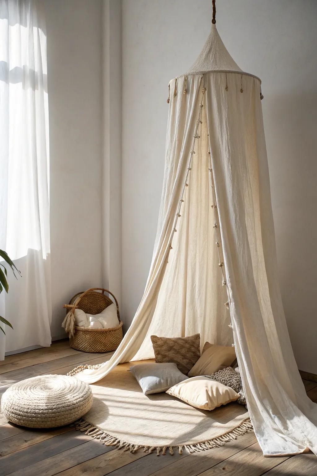 A floating linen canopy turns a tiny corner into the softest, coziest hideaway.