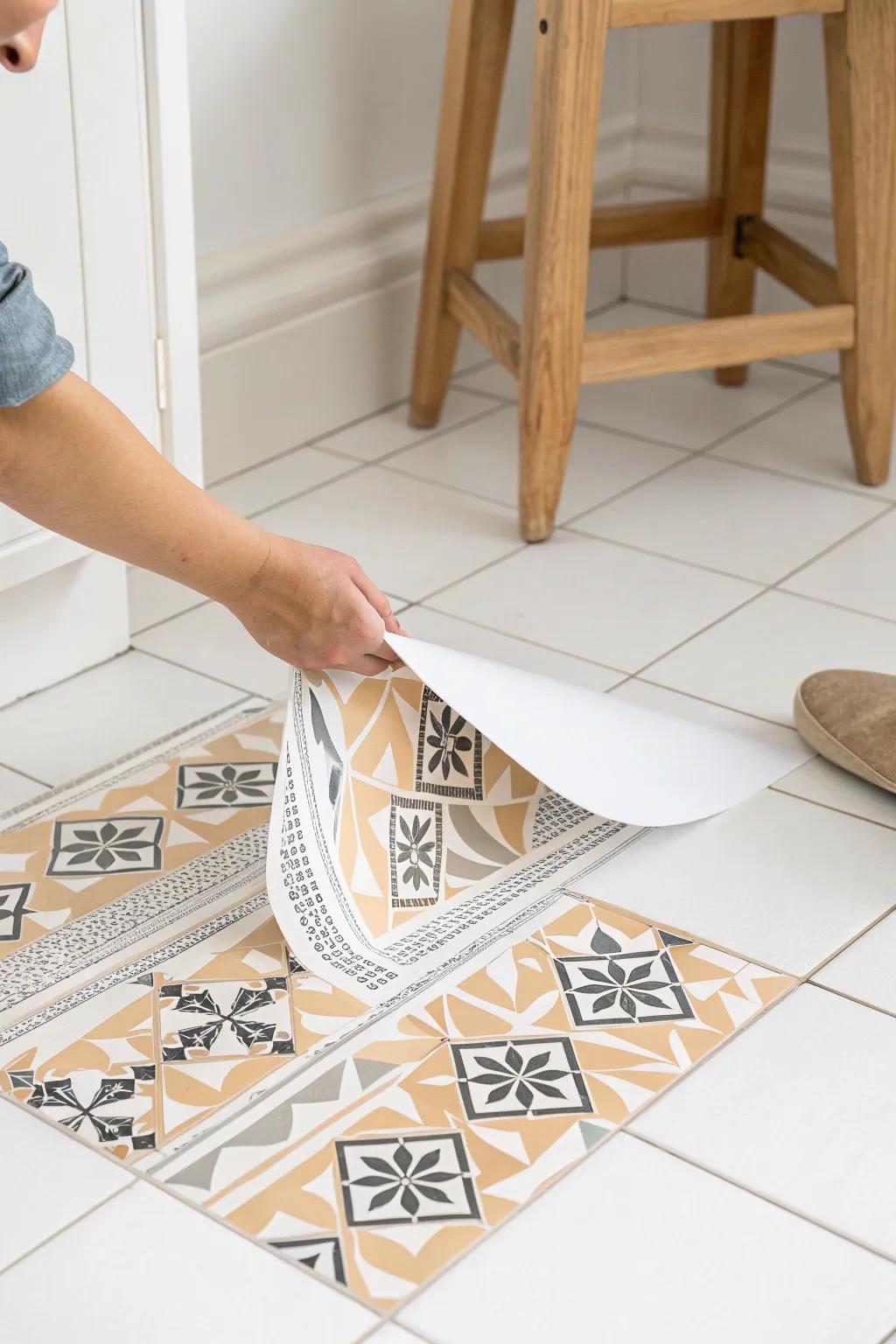 Peel-and-stick floor decals instantly brighten a rental bathroom—zero renovation required.