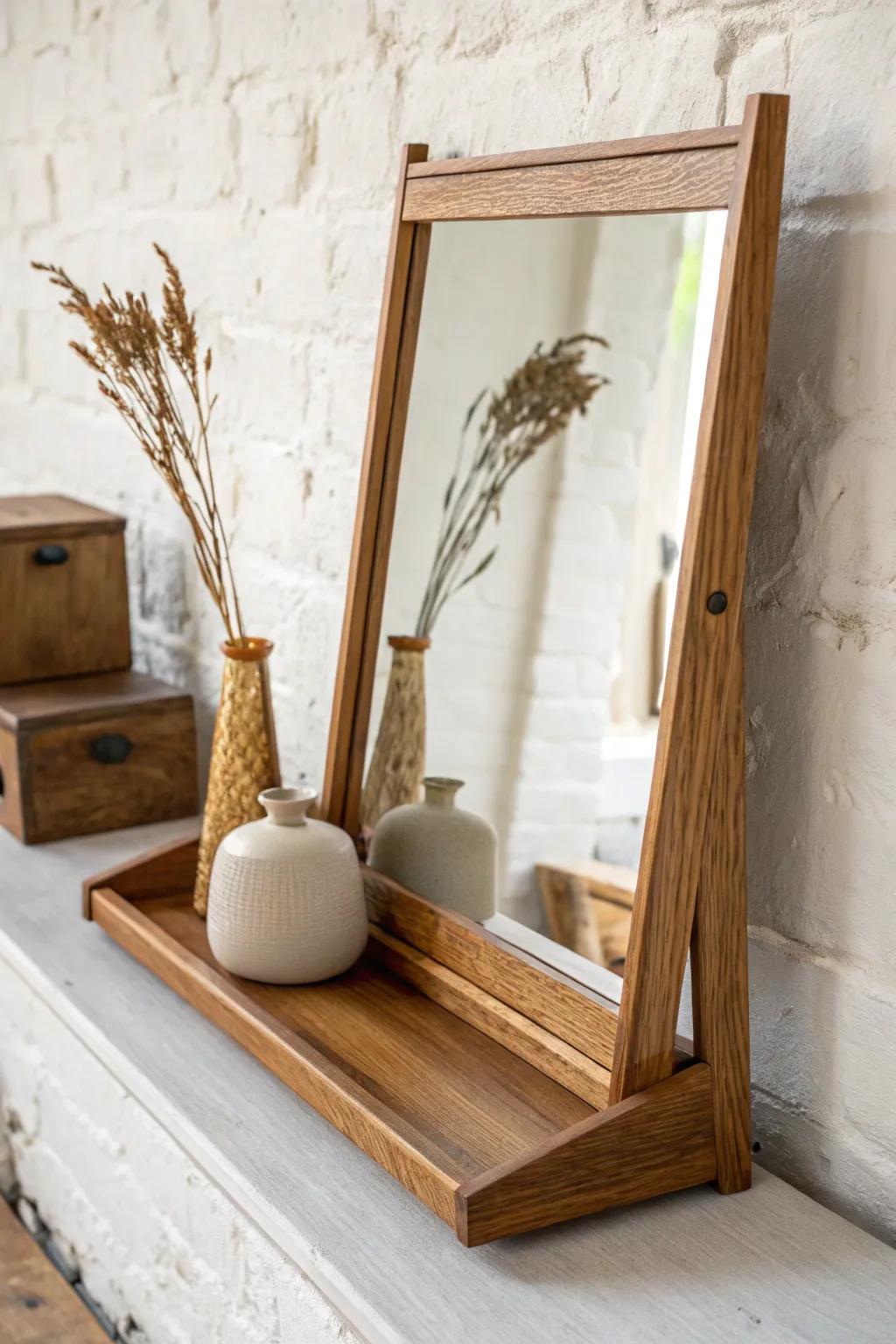 Turn a dresser mirror on its head—now a mirror-backed ledge shelf for chic small-space styling.