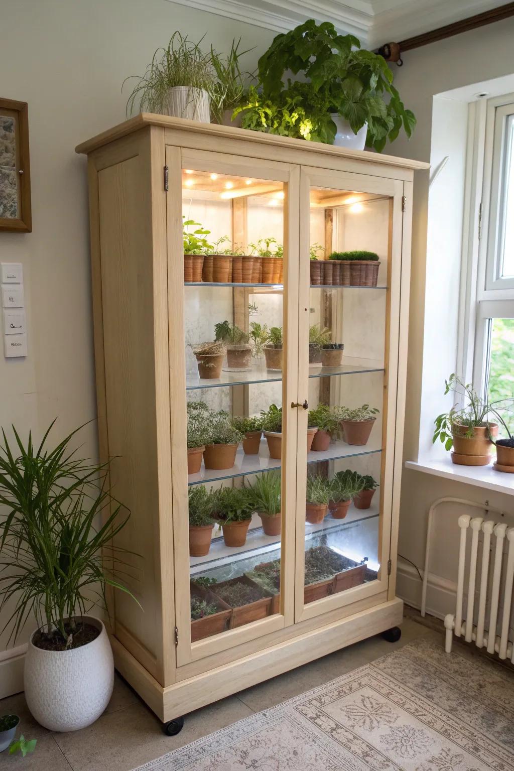 Turn a vintage china cabinet into a glowing propagation greenhouse for small-space plant joy.