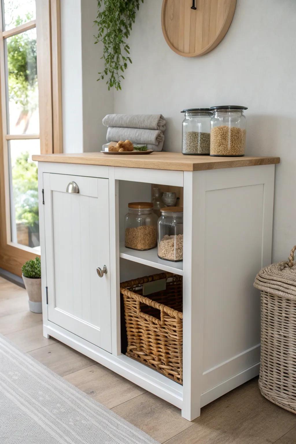Repurposed cabinet, hidden pet station—side entry, tidy supplies, zero clutter in small spaces.