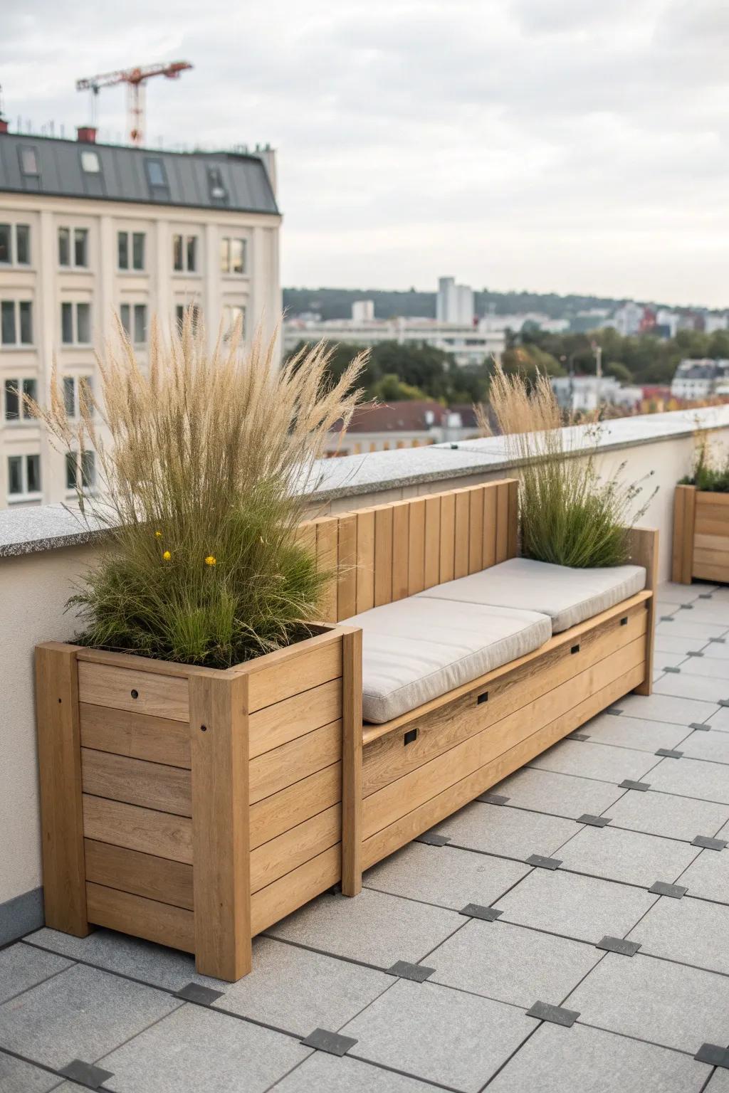 Planter-backed bench: renter-friendly rooftop privacy seating with calm Scandinavian vibes.