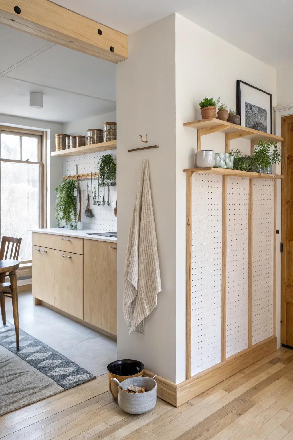 A half-wall divider with pegboard storage—beautifully minimal, boho-warm, and space smart.