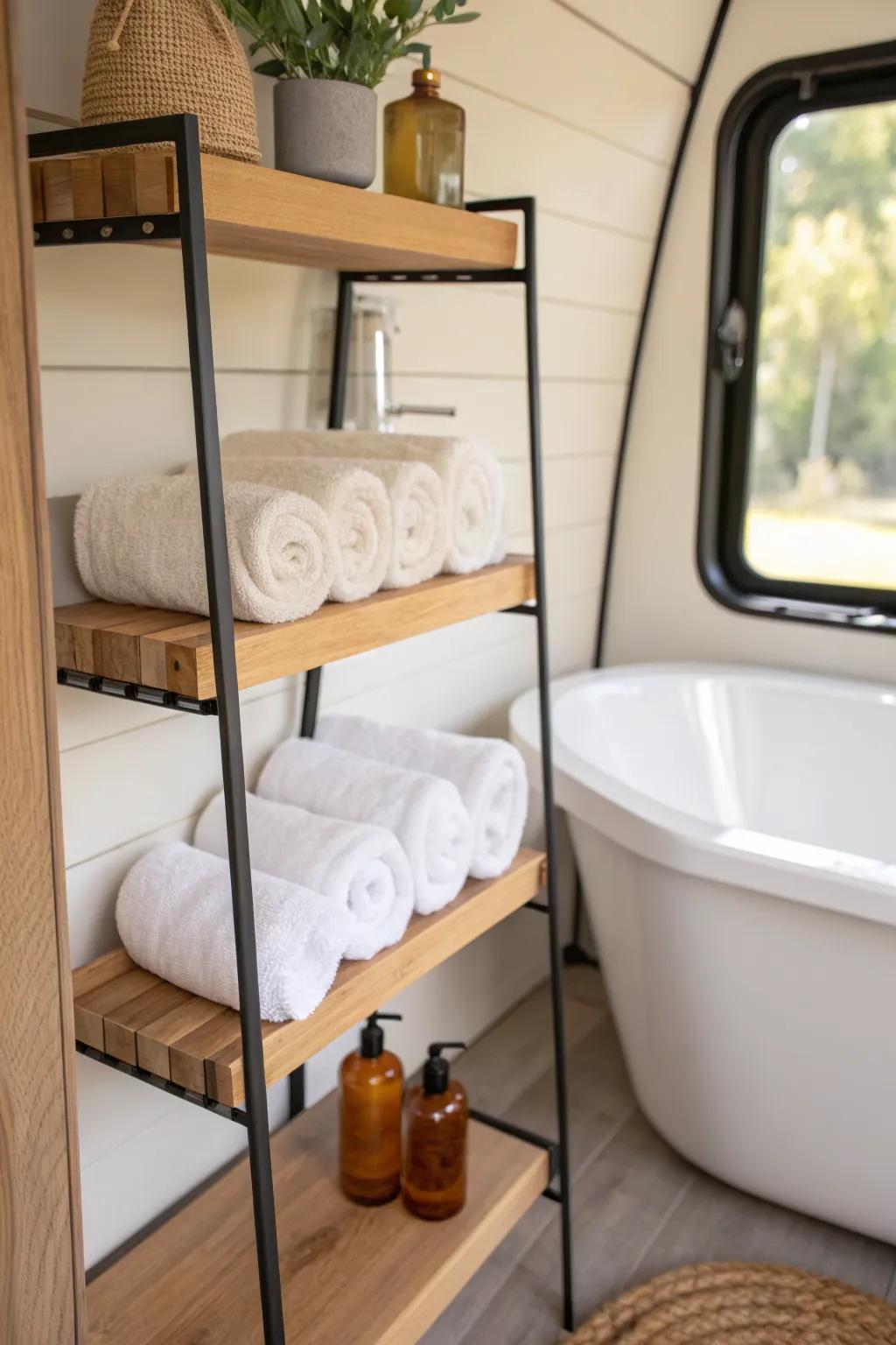 Vertical open shelves keep RV tub essentials handy—pretty, airy, and space-smart.