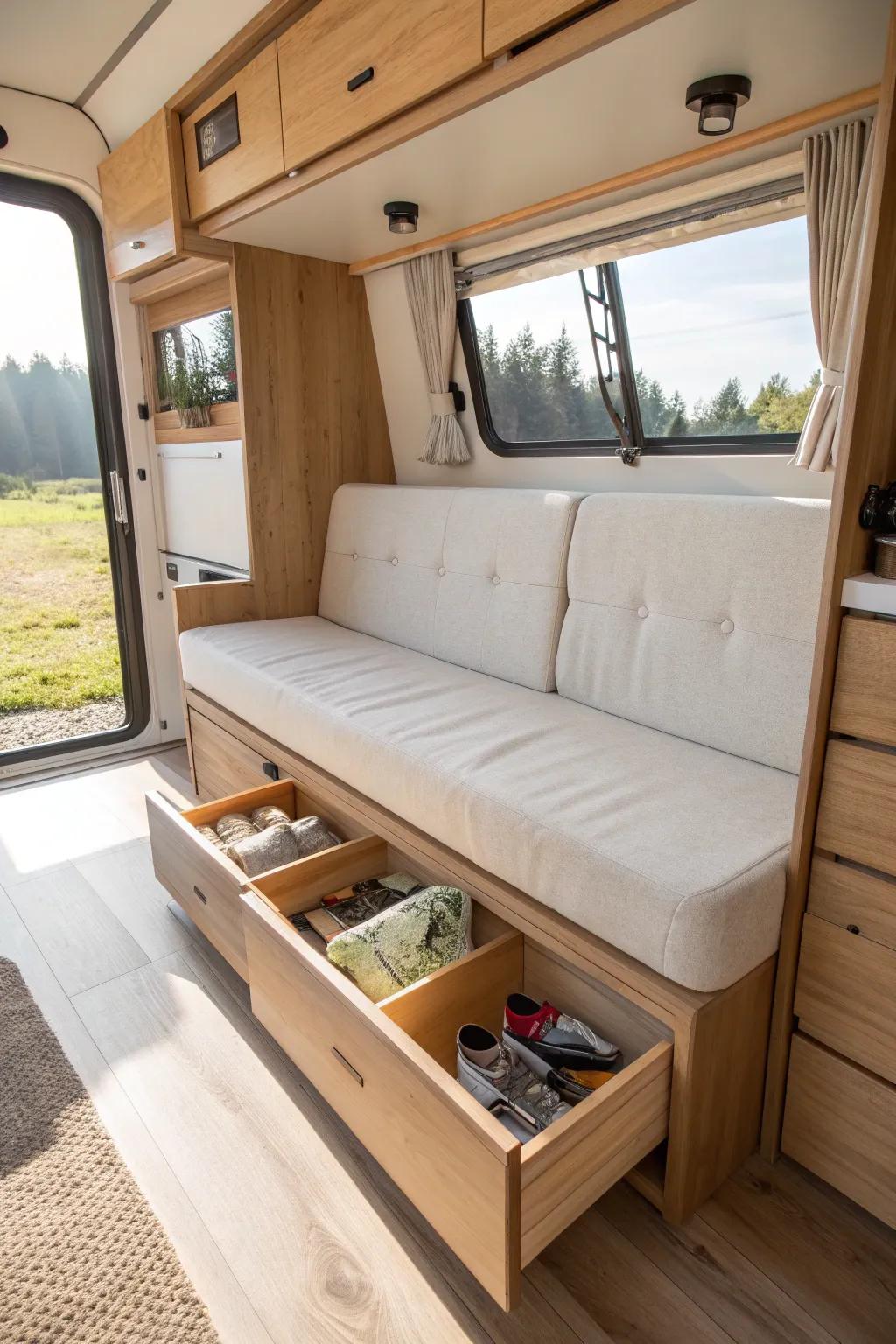 DIY RV bench couch with lift-up lids—minimal, cozy seating plus hidden shoe storage.