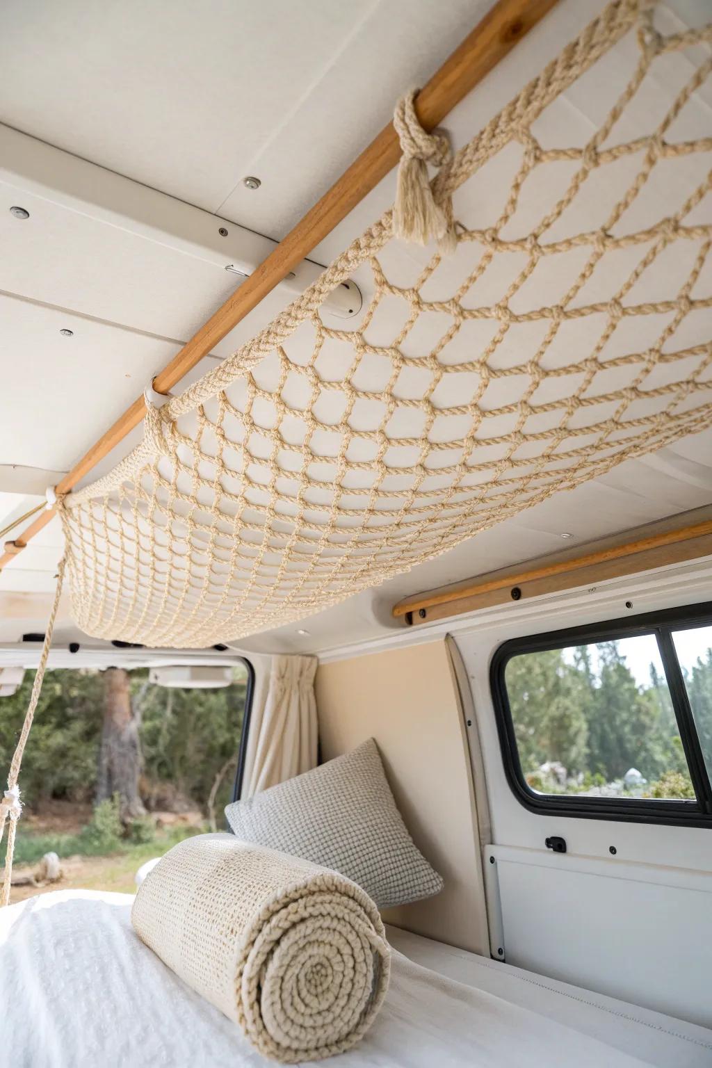 Turn empty RV ceiling space into cozy storage with a minimalist boho cargo net.