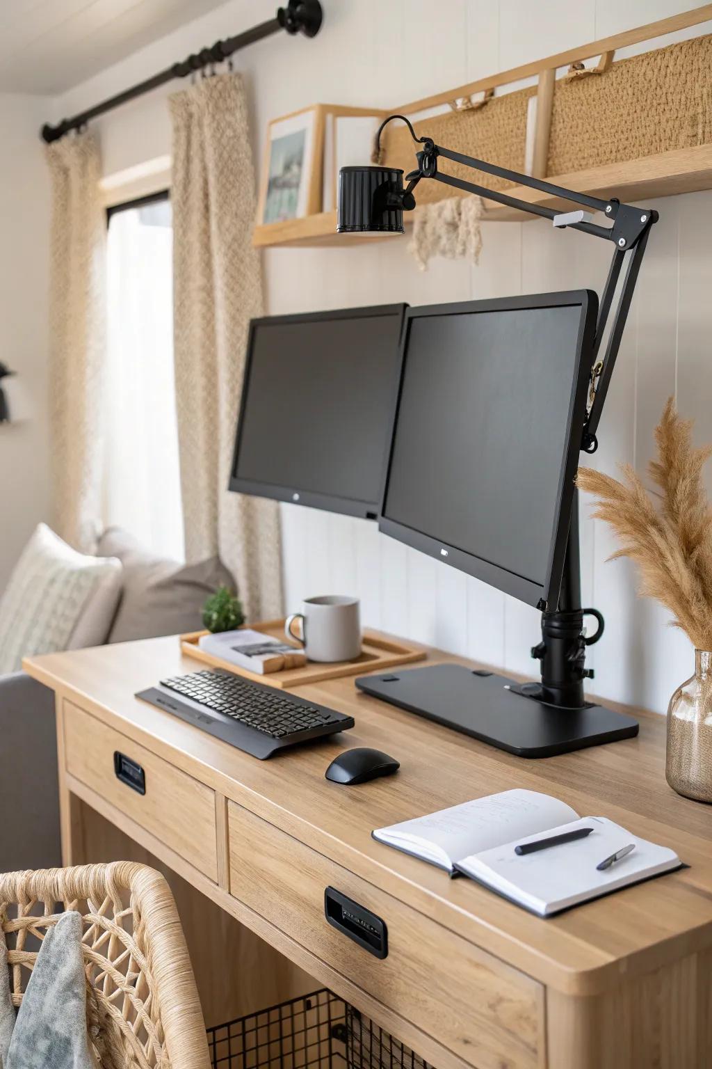 Dual monitor arm in an RV: floating screens that give your desk back for notes and coffee.
