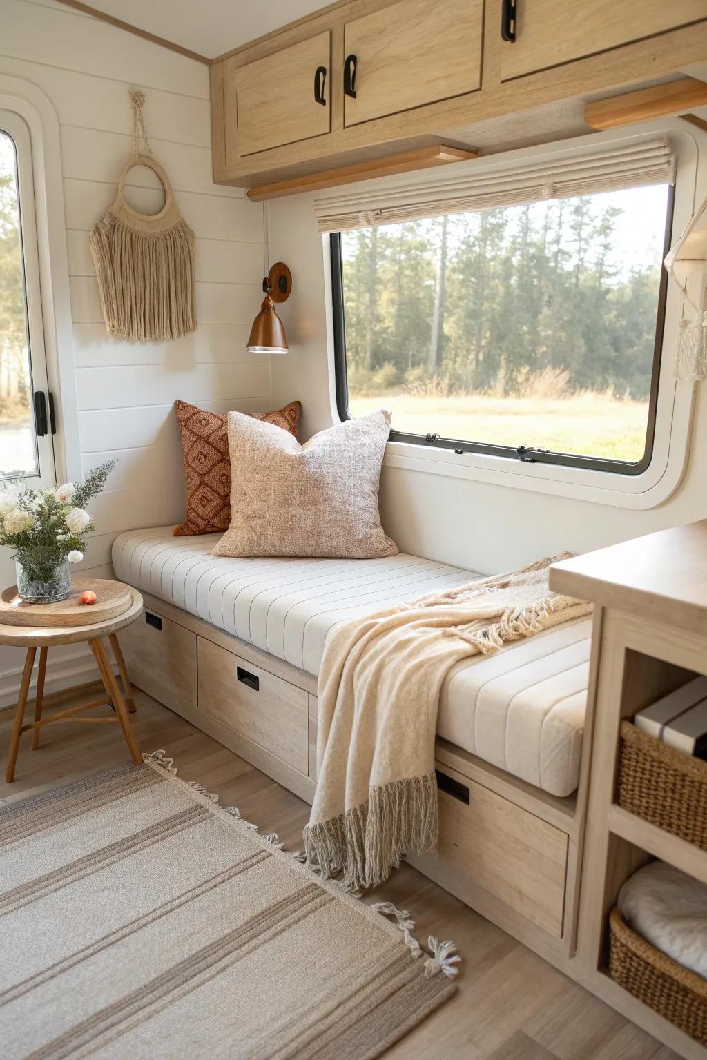 Swap the RV dinette for a cozy window-seat nook—perfect for tea, journaling, and meals.