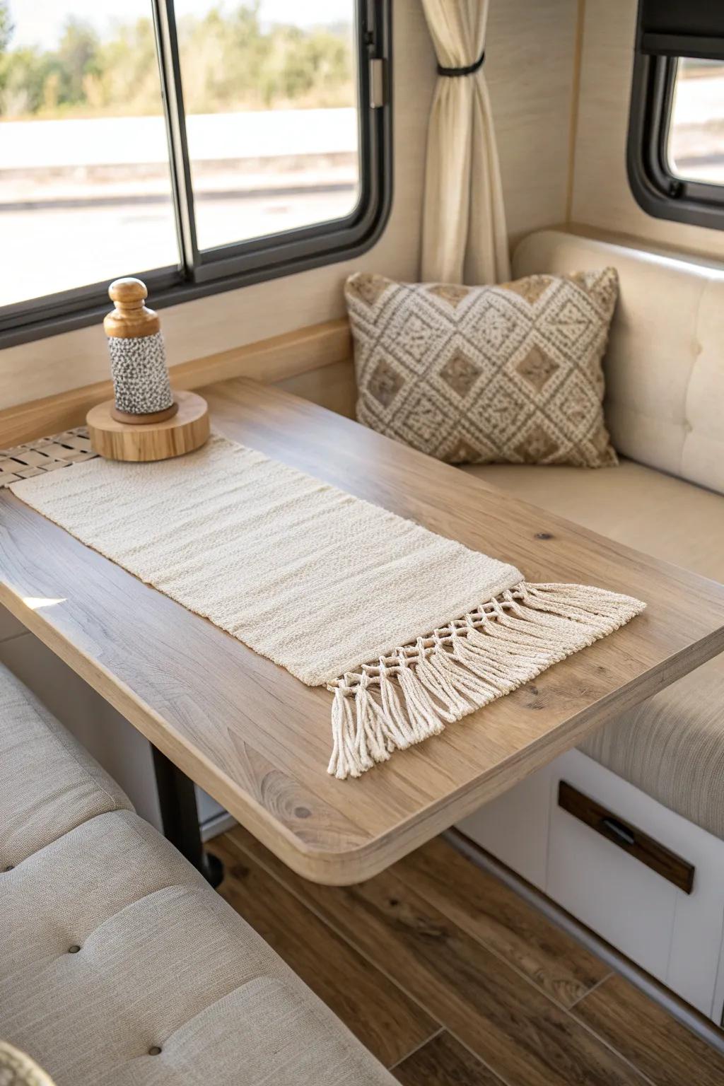 A simple whitewashed finish and washable cushion cover can instantly refresh your RV dinette.