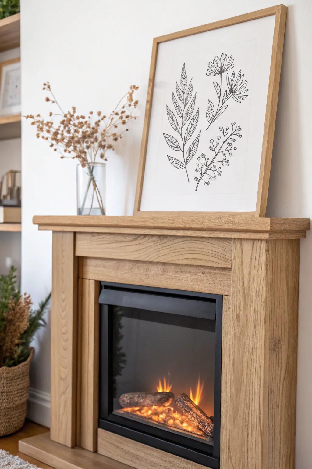 Flame-only nights feel new with hidden fireplace art—just swap one slim framed print.