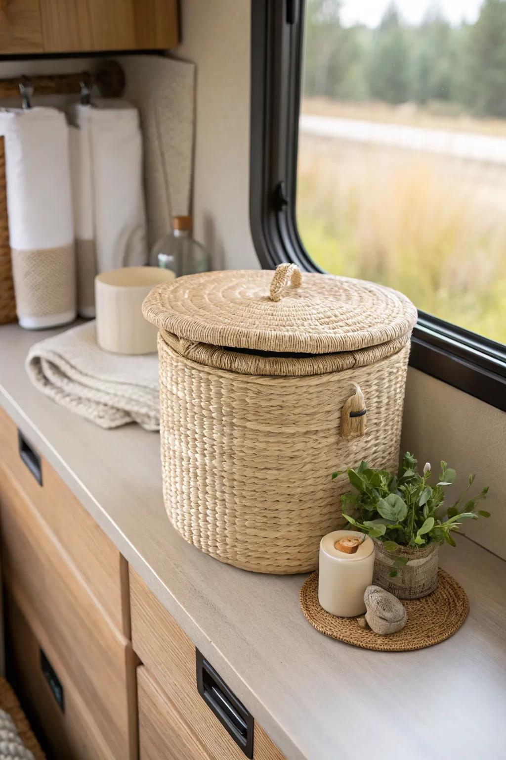 Hidden drive-day decor bin: a chic woven basket that keeps your RV calm before you roll.