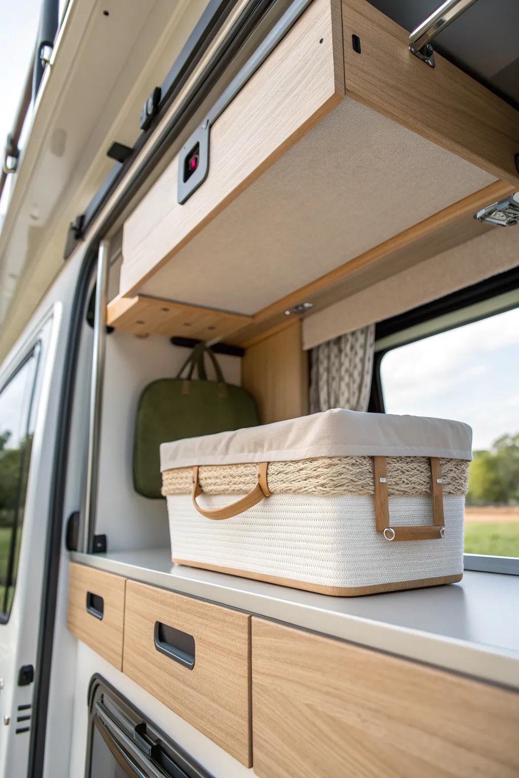 Upgrade RV pass-through storage with overhead rail bins—double space without the clutter.