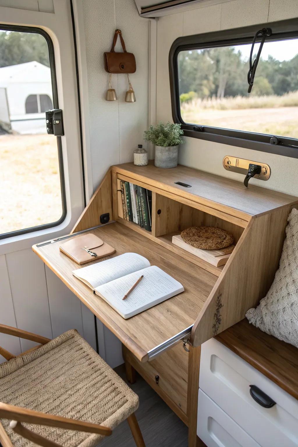 A flip-down RV desk creates a real workspace for route planning—without stealing floor space.