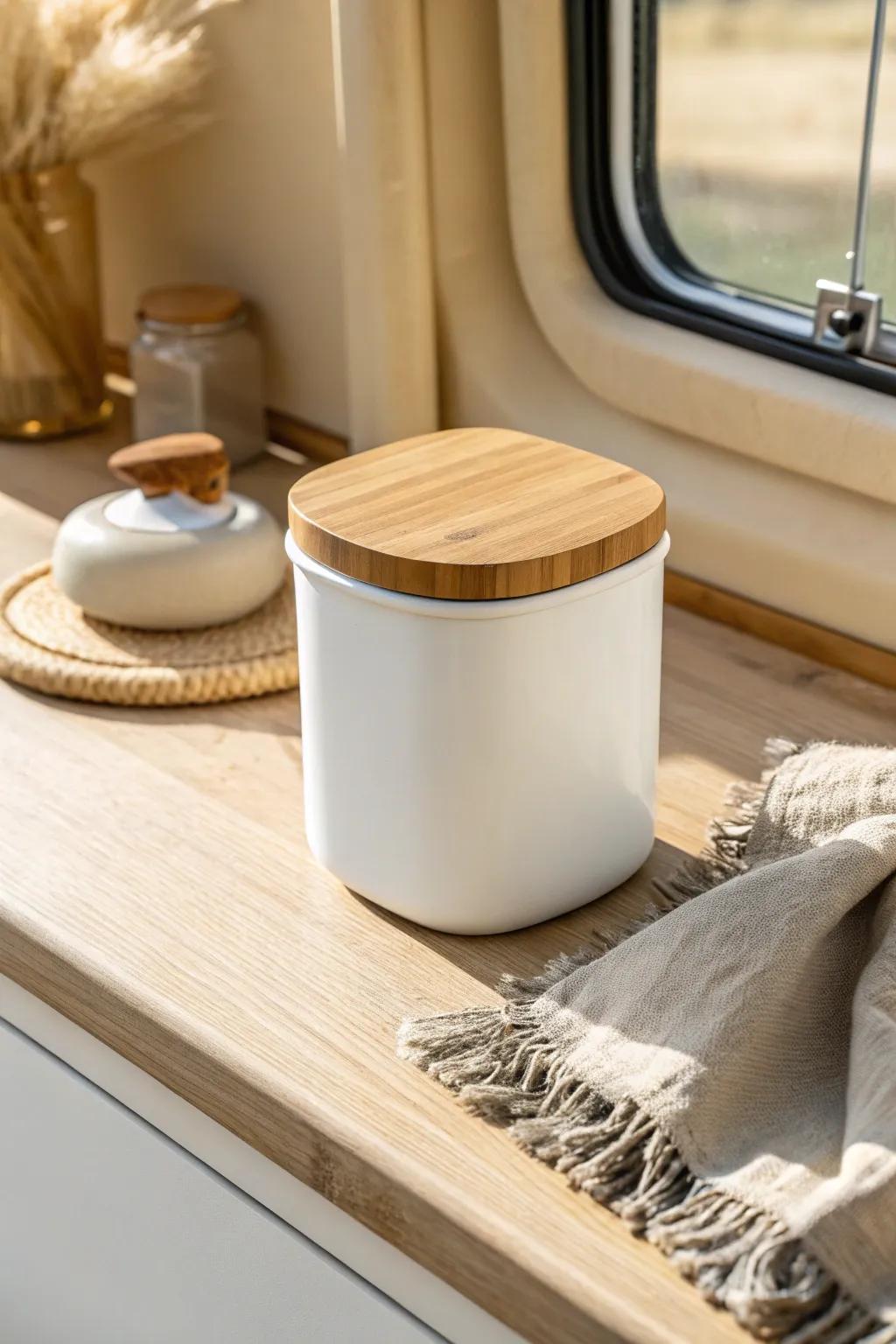 A sealed food-scrap canister keeps RV odors contained—minimal, pretty, and easy to wipe.