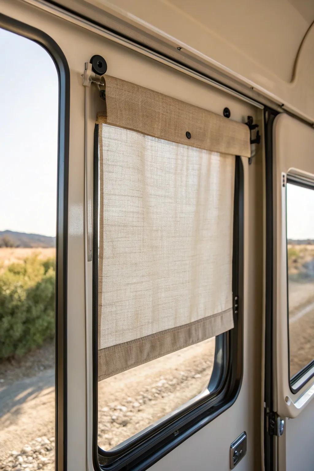 Slim linen door window panel: chic RV privacy without snagging, perfect for tight spaces.