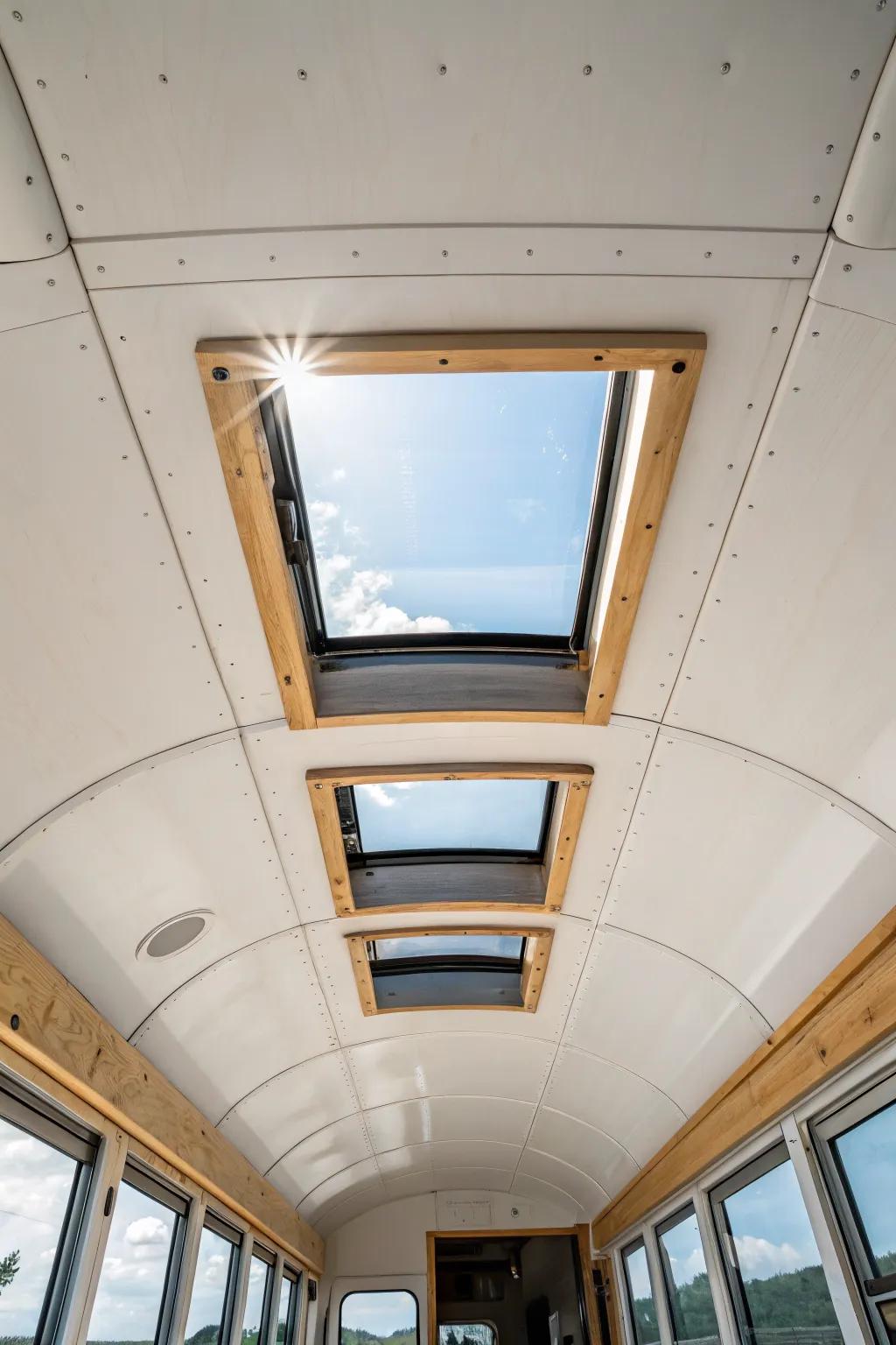 A simple skylight makes a low-ceiling bus feel taller, brighter, and breezier.
