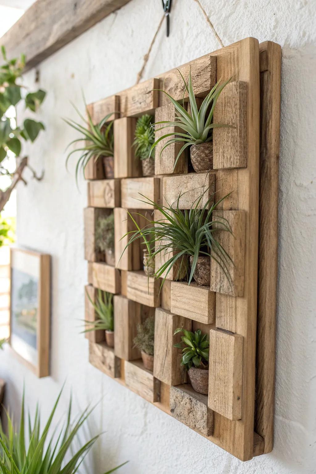Living scrap-wood wall art: a pocket grid that holds air plants for tiny, low-maintenance beauty.