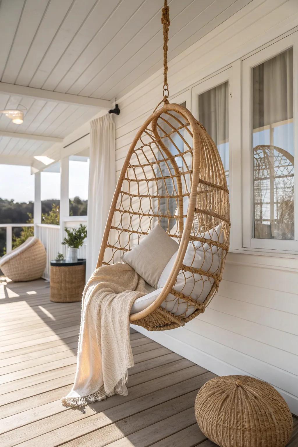 A woven hanging chair turns a narrow screened-in mobile home porch into a boutique retreat.