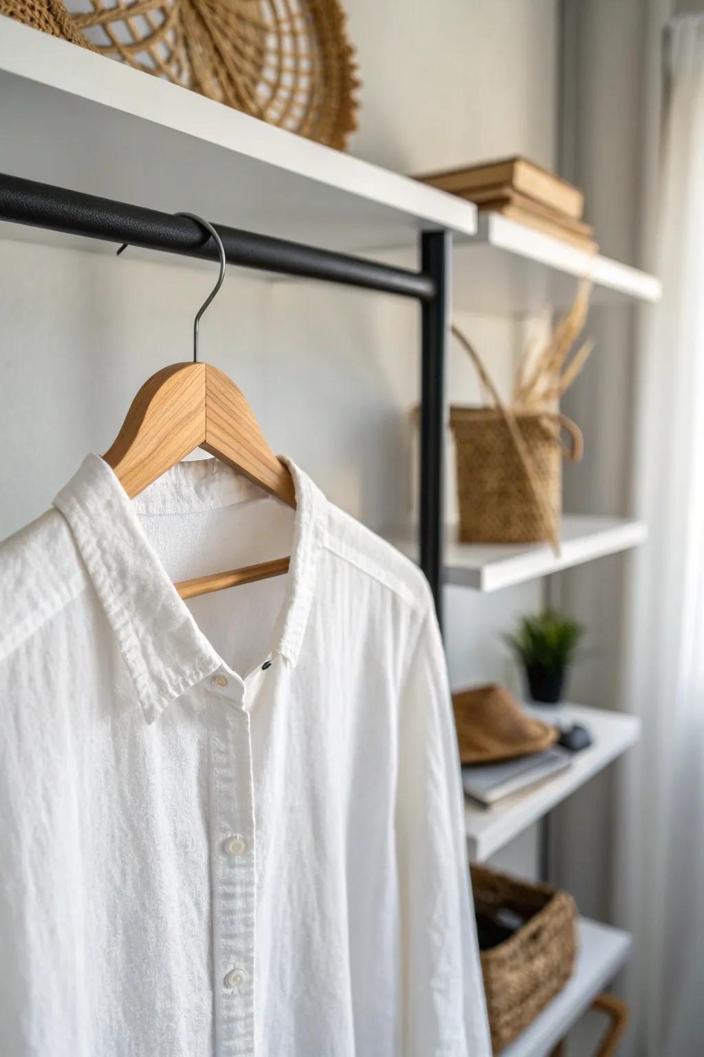 One intentional hanger = a capsule closet that makes a shallow space feel airy and effortless.