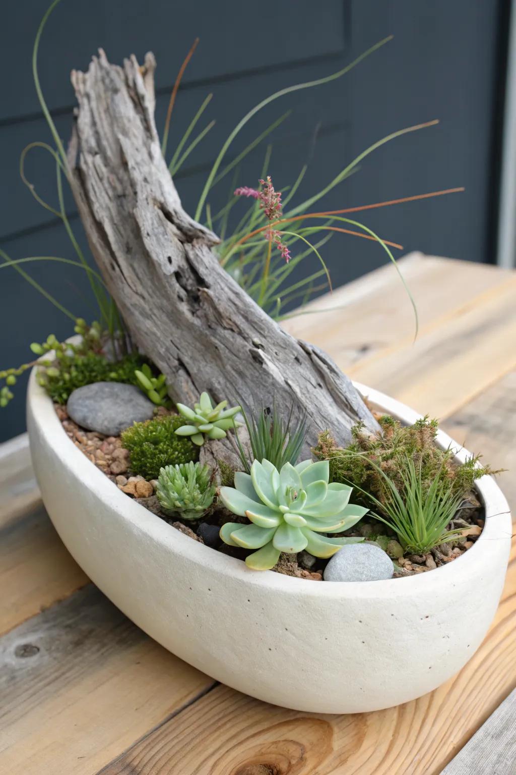 A low-profile shallow planter with driftwood adds an editorial touch to the tiniest balcony.