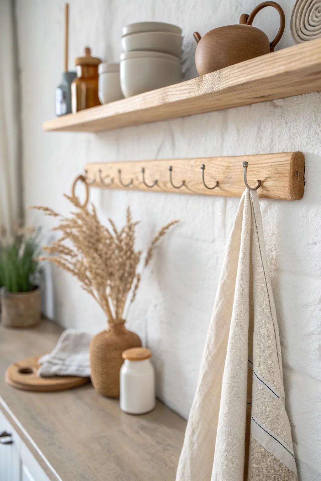 A simple oak peg rail turns a shallow pantry nook into styled, functional “found space.”