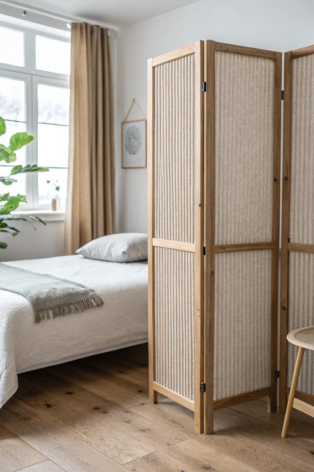 A chic acoustic panel screen that adds quiet privacy to a shared bedroom—no wall needed.