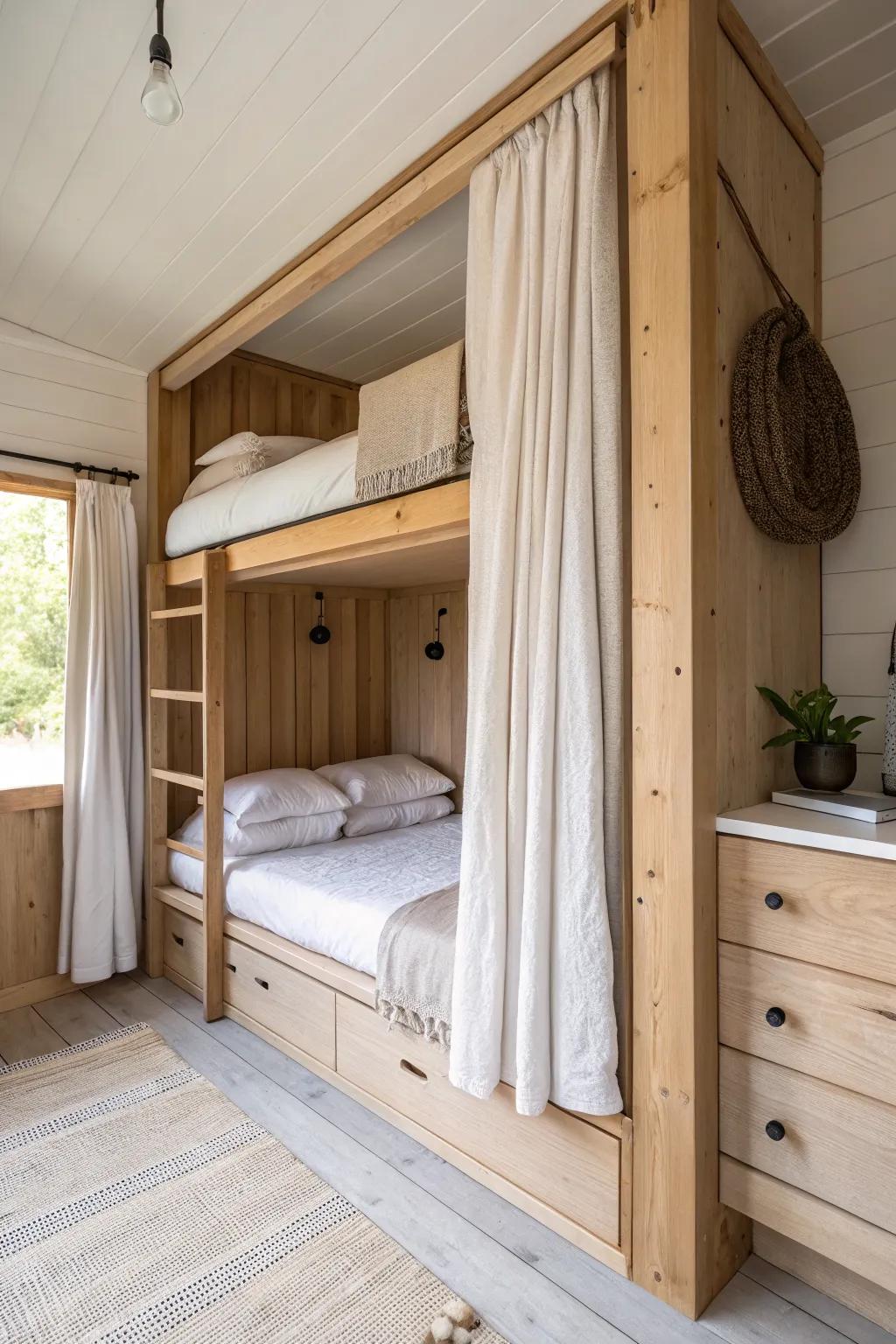 Built-in bunk alcove with linen curtains—space-saving privacy for a cozy shed cabin.