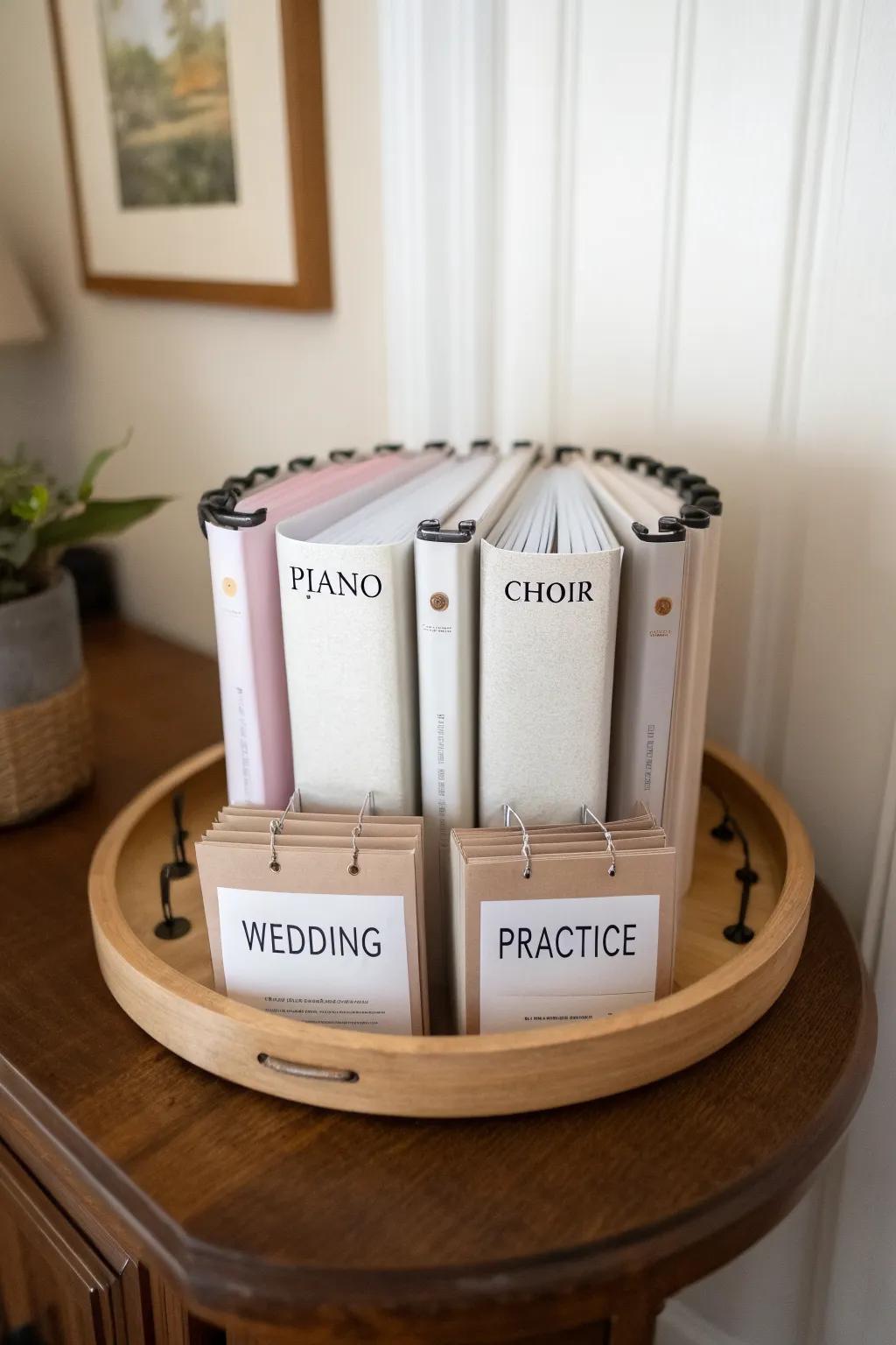 Spin-and-grab mini binders on a Lazy Susan—an elegant sheet music storage win for small spaces.