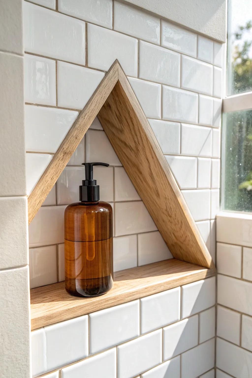 Add a tiny corner shelf in your shower niche to double space and keep bottles upright.