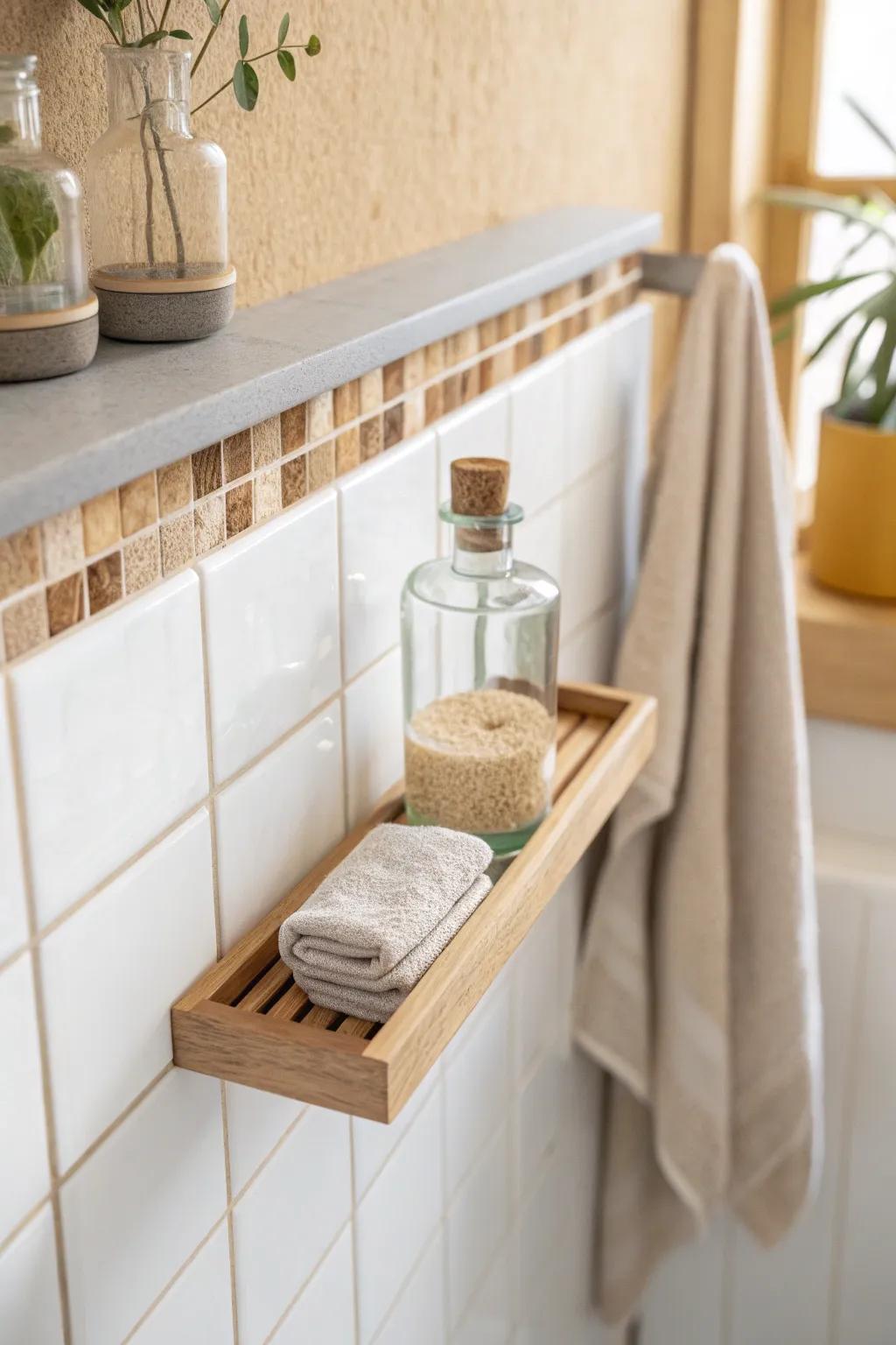 A slim shelf outside the spray keeps daily essentials clean, dry, and beautifully within reach.