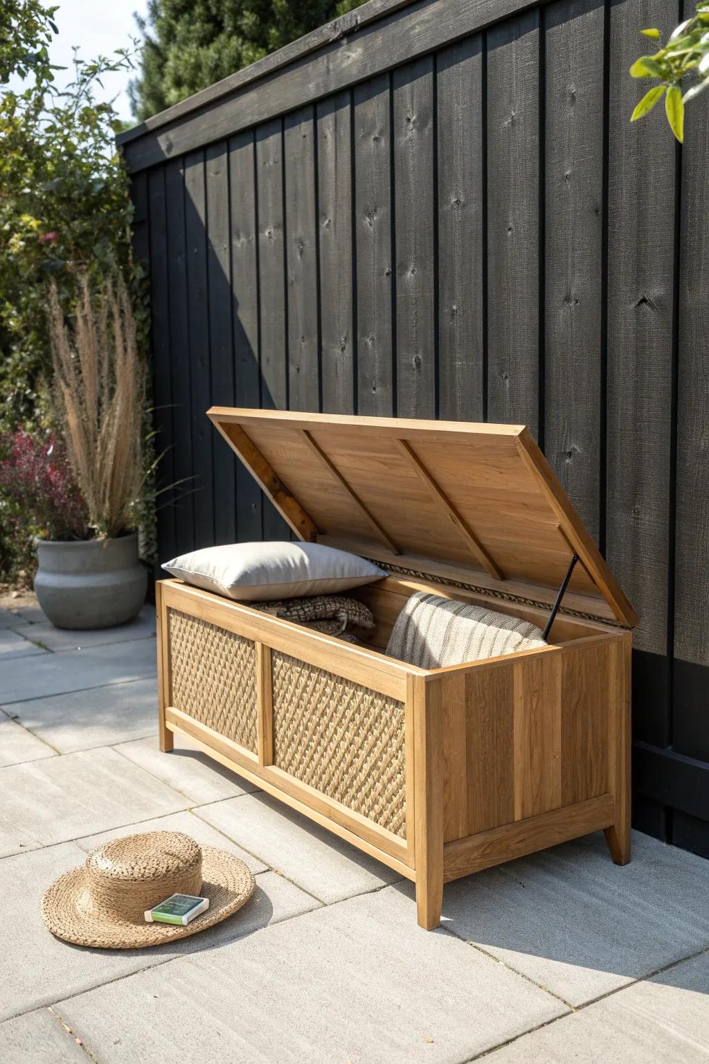 A slim storage bench makes a side patio feel bigger—hide cushions and tools, keep floors clear.