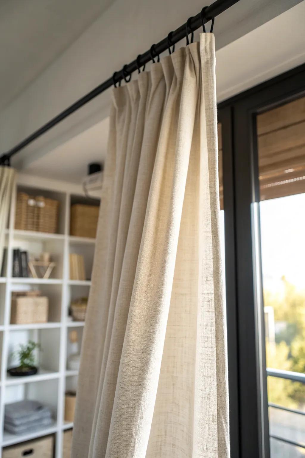 A simple linen curtain hides the “real life” mess—instant calm on a budget.
