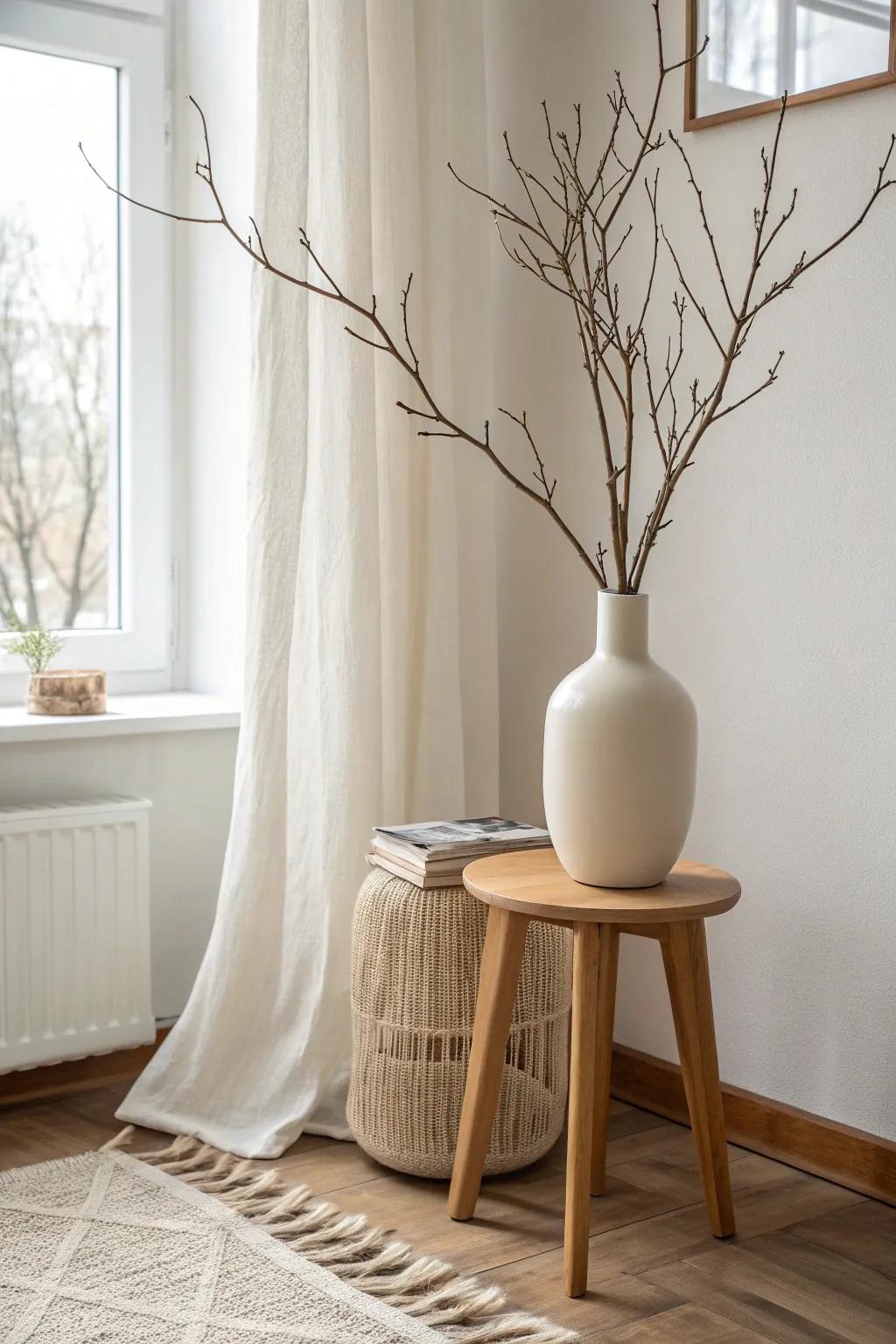 A single sculptural branch in a tall vase adds drama, height, and zero clutter.