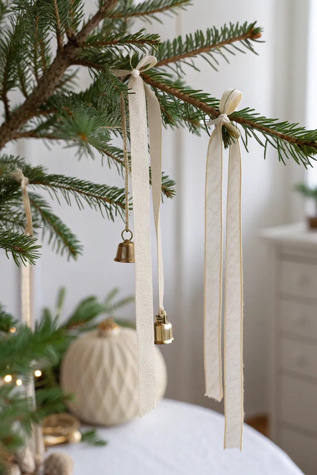 Tiny brass bells on ribbon tails add a soft shimmer and magic to a slim Christmas tree.