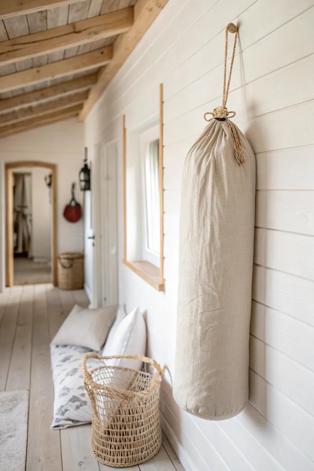 Turn a dead corner into loft storage—hang your sleeping bag high, breathable, and beautiful.