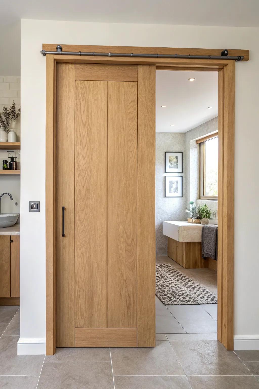 Hidden track sliding door for a seamless floating look—clean, calm, and perfect for small baths.