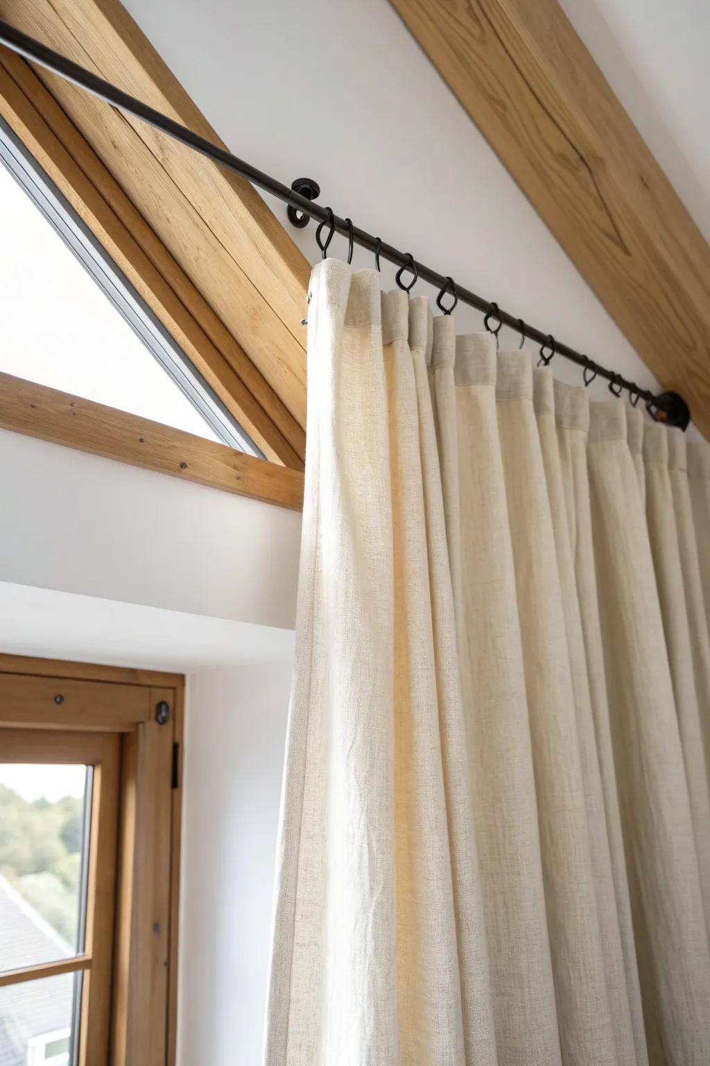 A ceiling-track linen curtain hugs the slope, instantly softening a tricky sloped-ceiling closet.